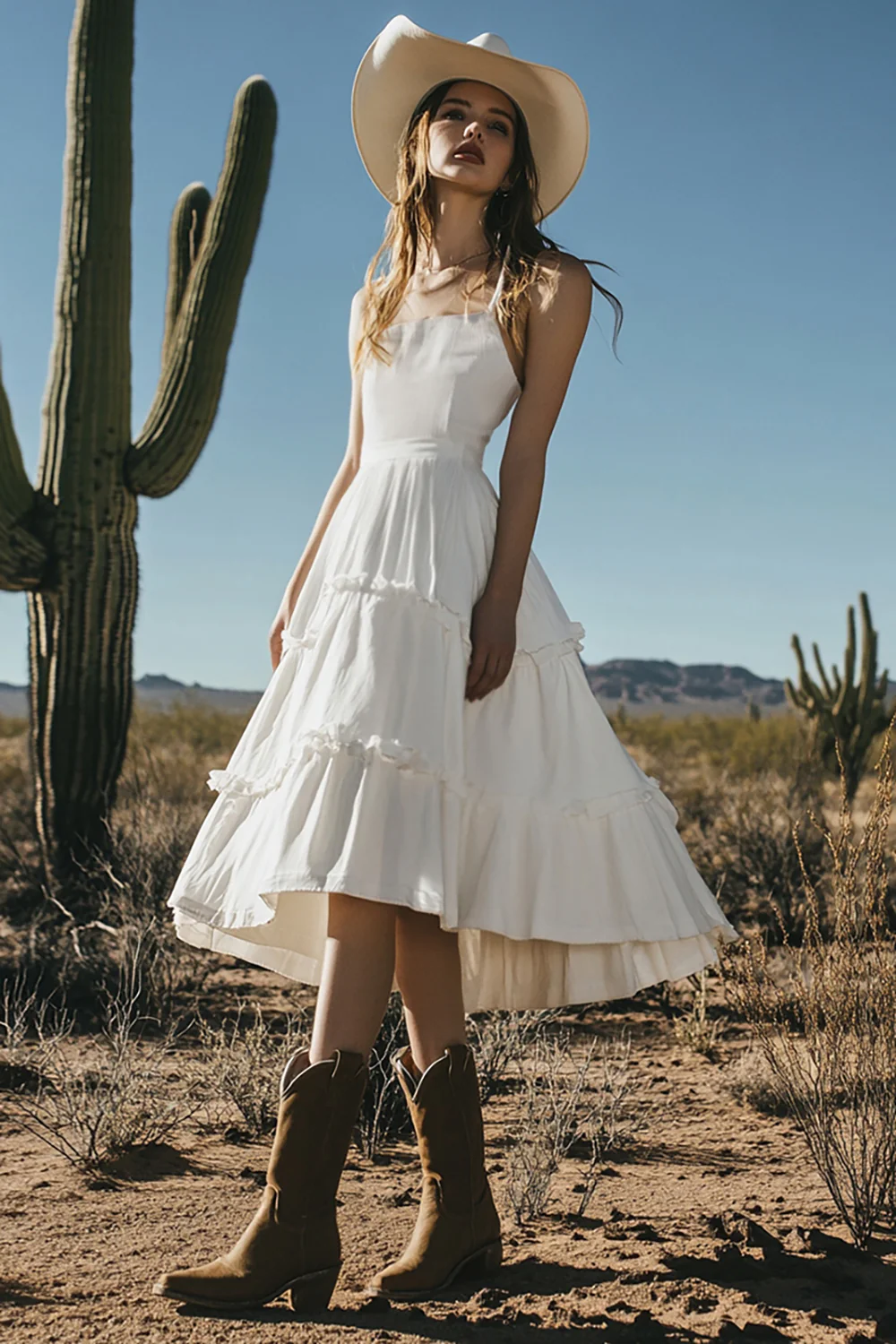 Ivory Midi Boho Western Wedding Dress with Ruffles - JUORTHO