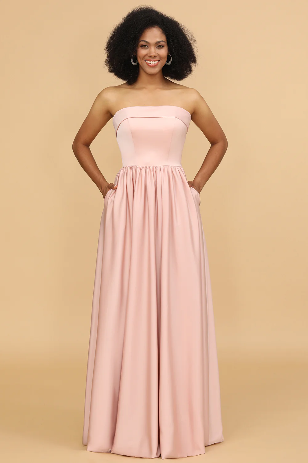 Off-the-Shoulder Floor-Length Satin Bridesmaid Dress With Pocket - JUORTHO