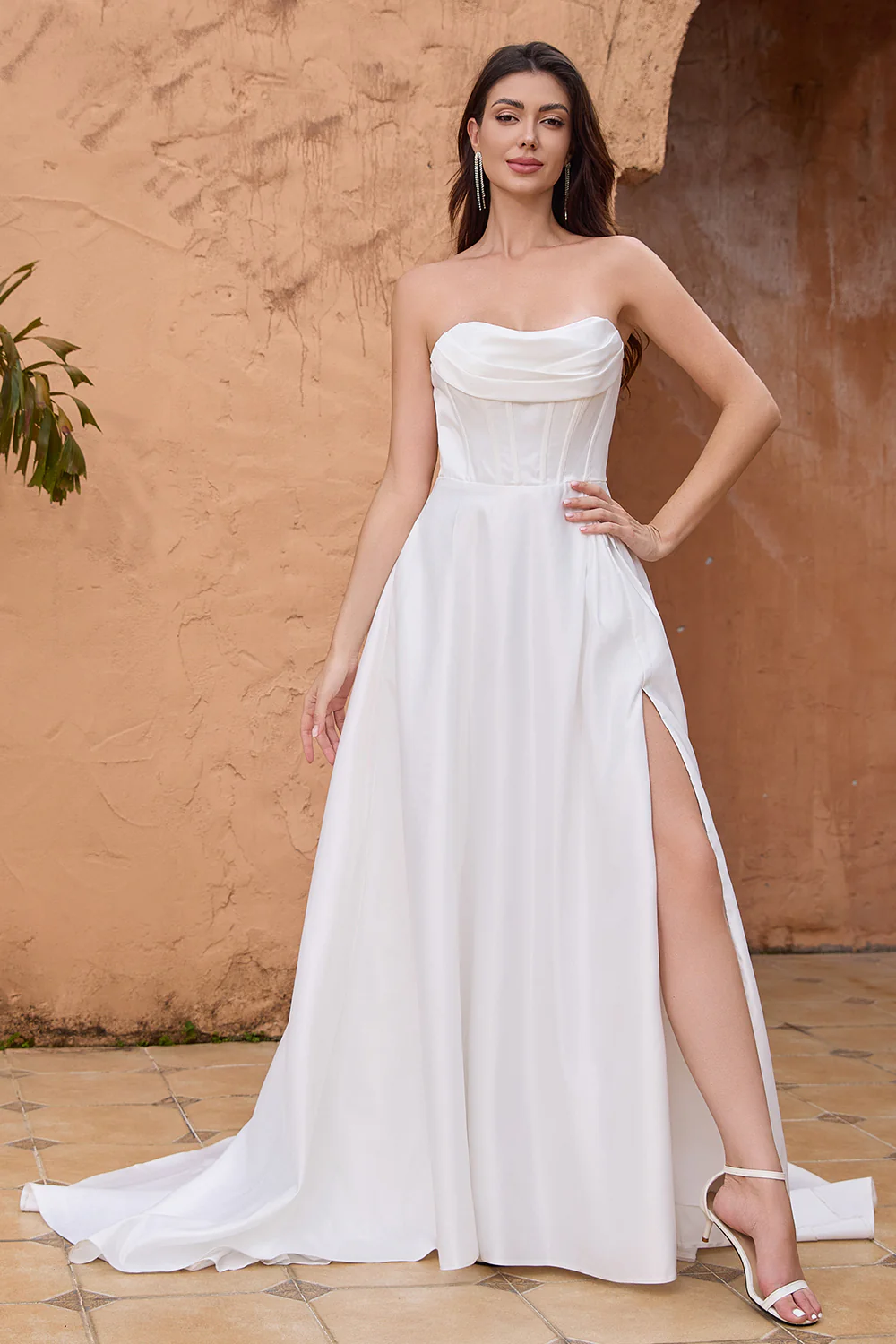 Elegant White A Line Strapless Pleated Corset Wedding Dress With Slit - JUORTHO