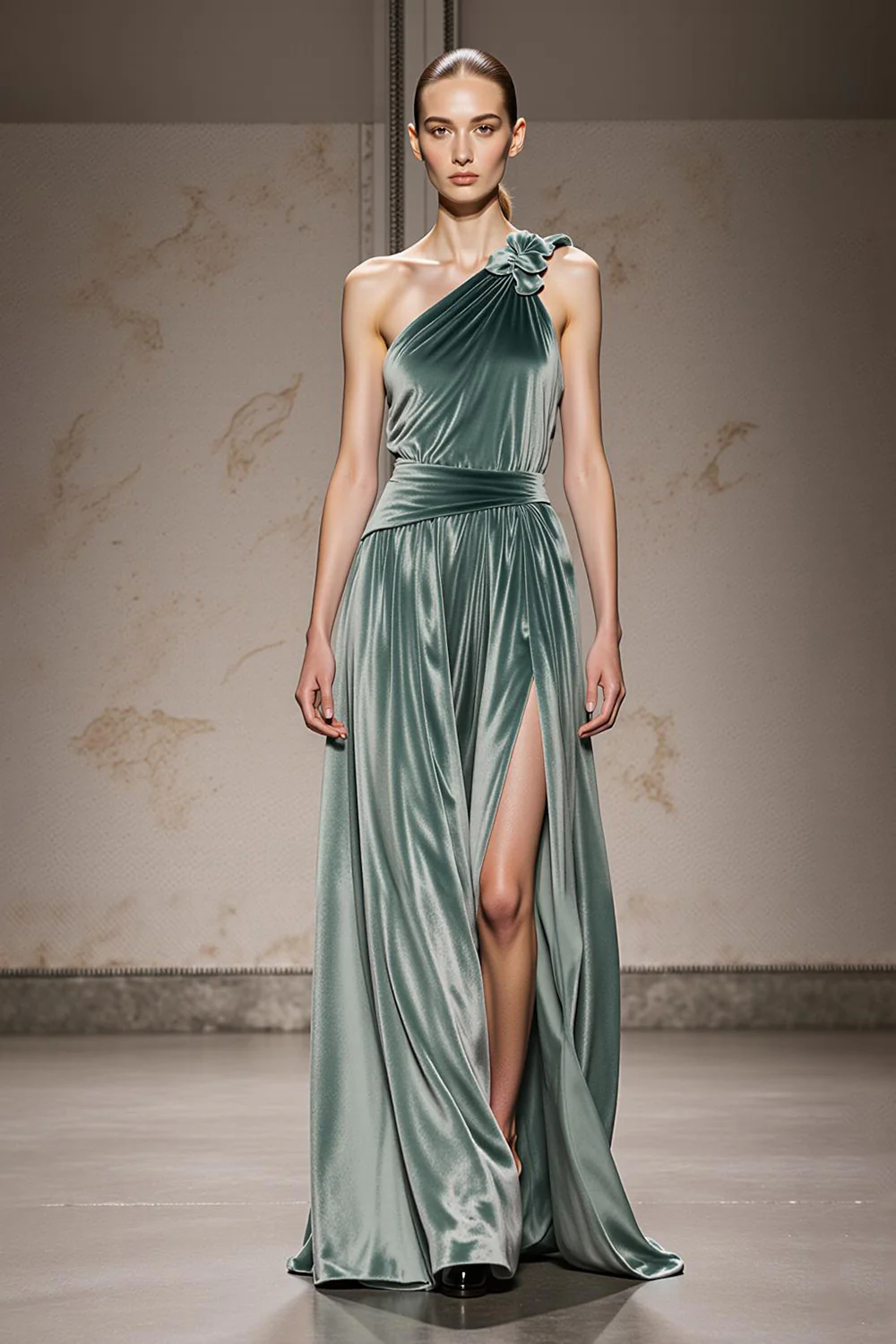 Mint Green Velvet One Shoulder Long Formal Dress with Slit - JUORTHO