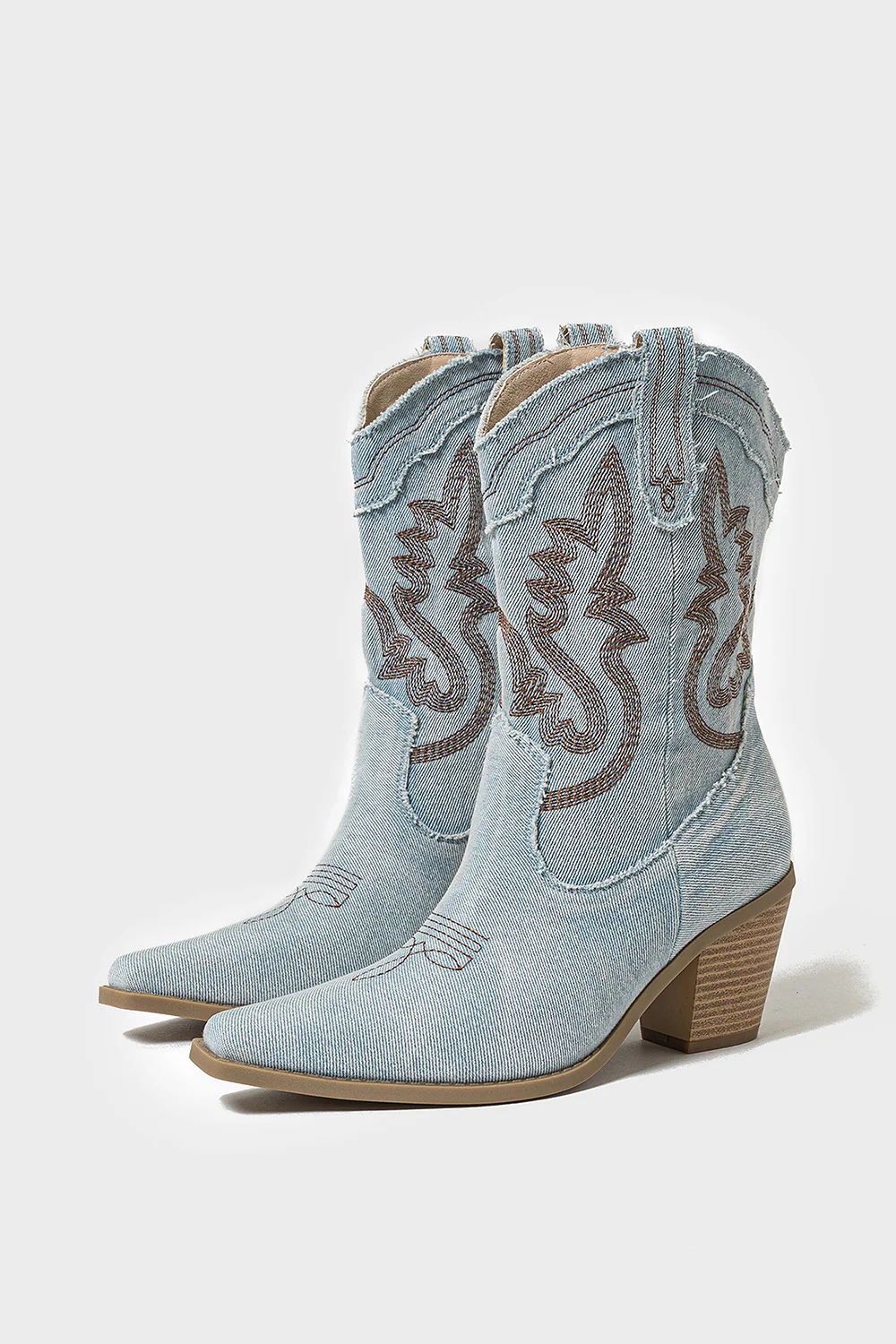 Dark Blue Embroidered Wide Calf Chunky Heel Western Cowgirl Boots - JUORTHO
