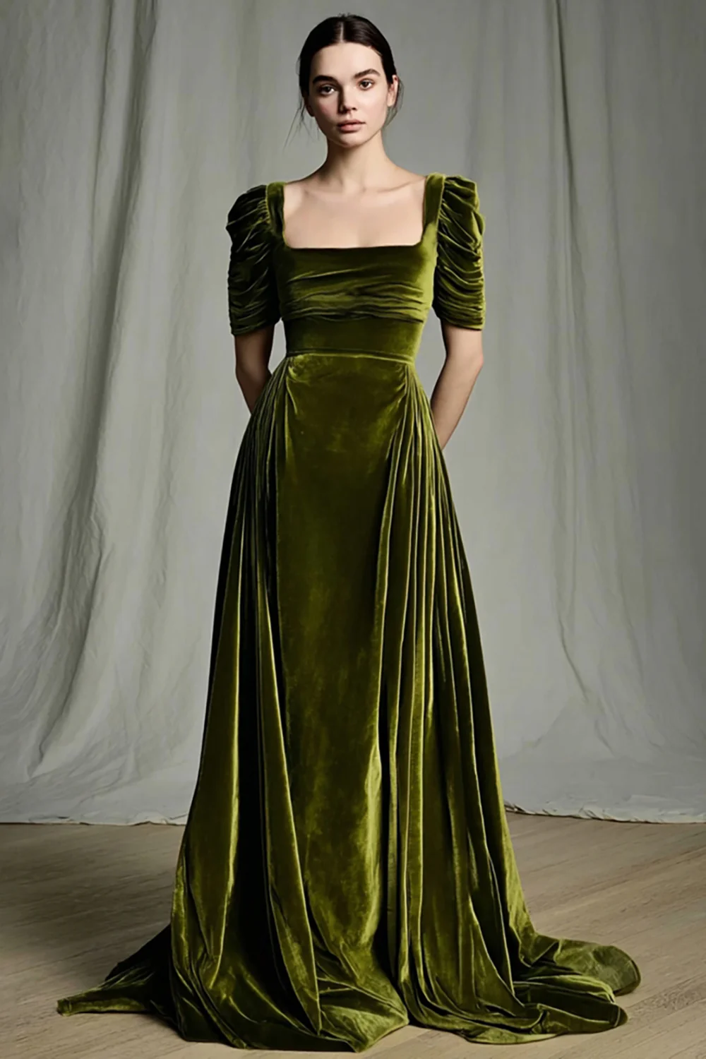 Olive A Line Velvet Square Neck Long Holiday Party Dress with Sleeves - JUORTHO