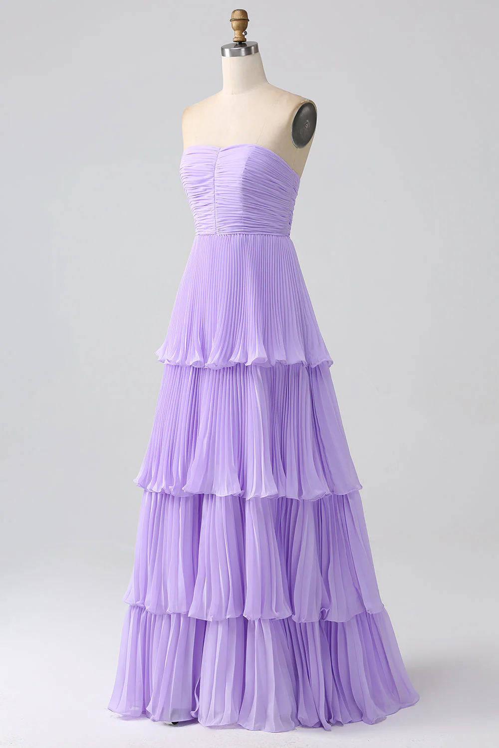 A-Line Sweetheart Lilac Tiered Chiffon Long Bridesmaid Dress with Pleated - JUORTHO