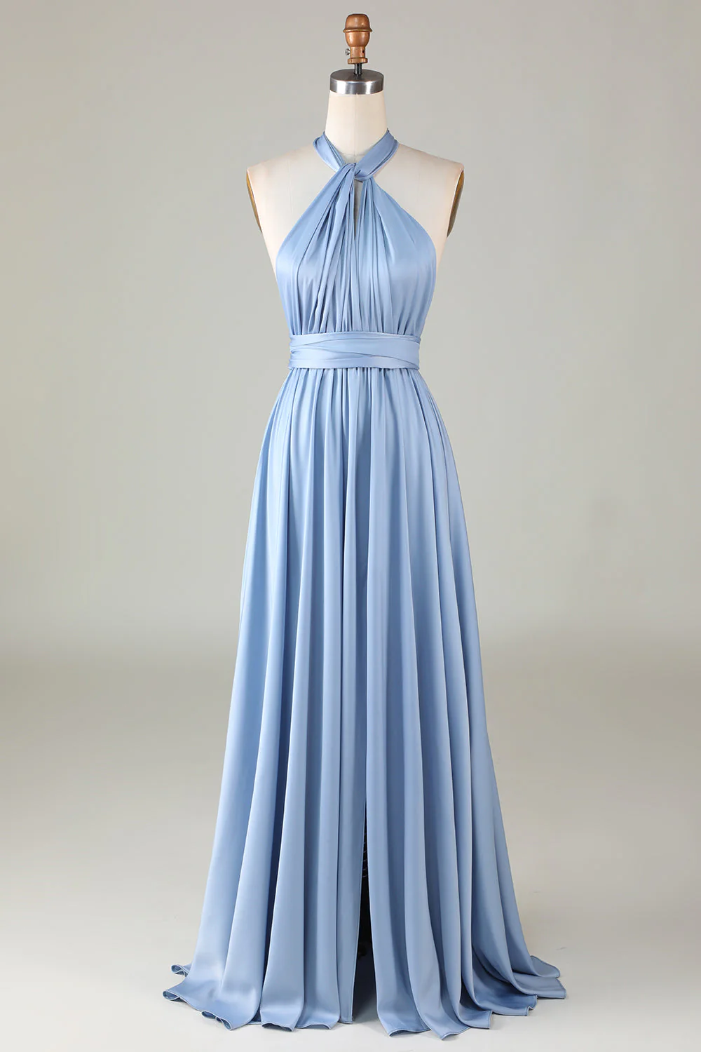 Convertible Blue Satin Bridesmaid Dress with Slit - JUORTHO