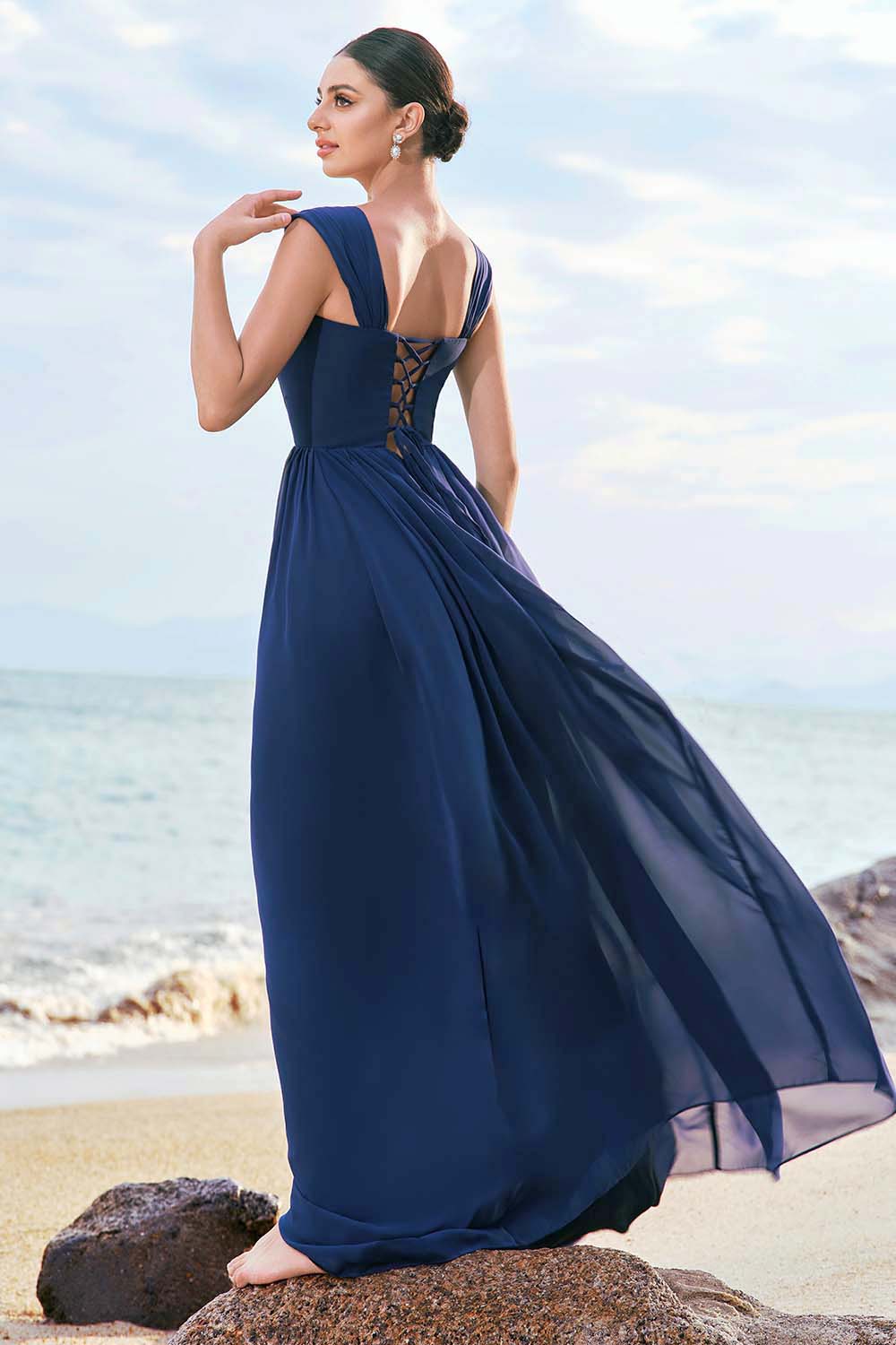Dark Blue A-Line Square Neck Corset Long Bridesmaid Dress with Lace Up Back - JUORTHO