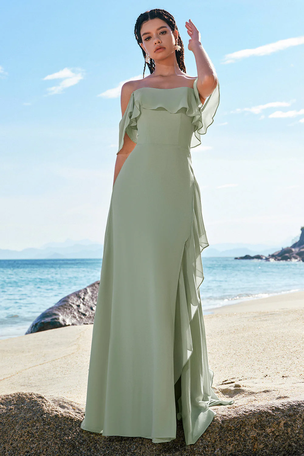 Light Green Off The Shoulder Chiffon Long Bridesmaid Dress - JUORTHO