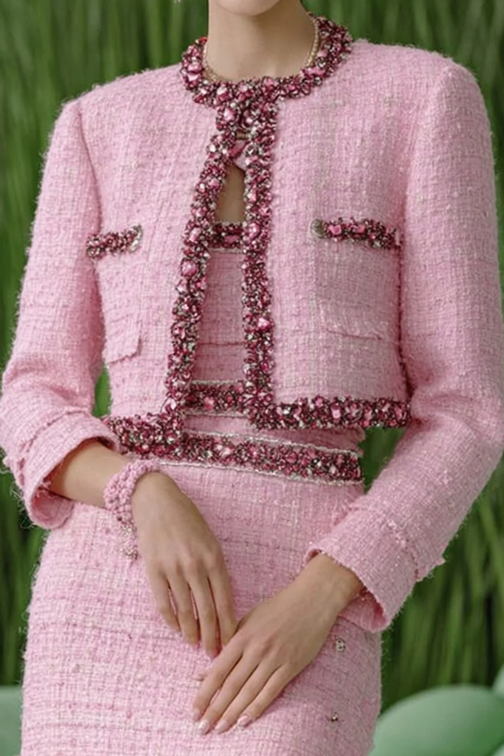 Sparkly Pink 3 Piece Tweed Homecoming Outfits with Rhinestones - JUORTHO