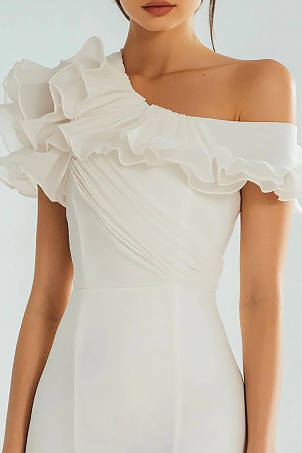 Ivory Bodycon One Shoulder Satin Short Graduation Dress with Ruffles - JUORTHO