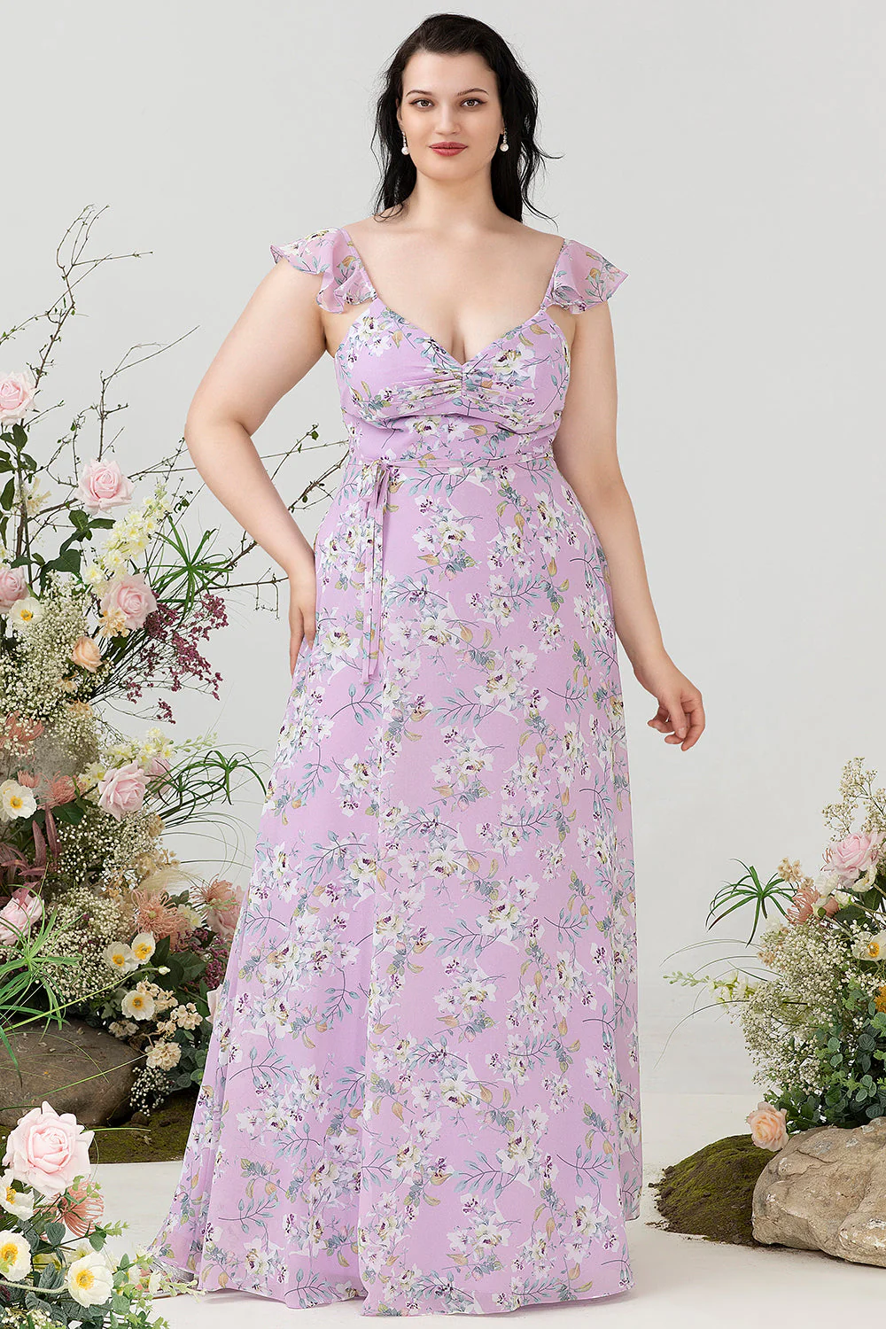 Purple Floral Print Plus Size Bridesmaid Dress - JUORTHO
