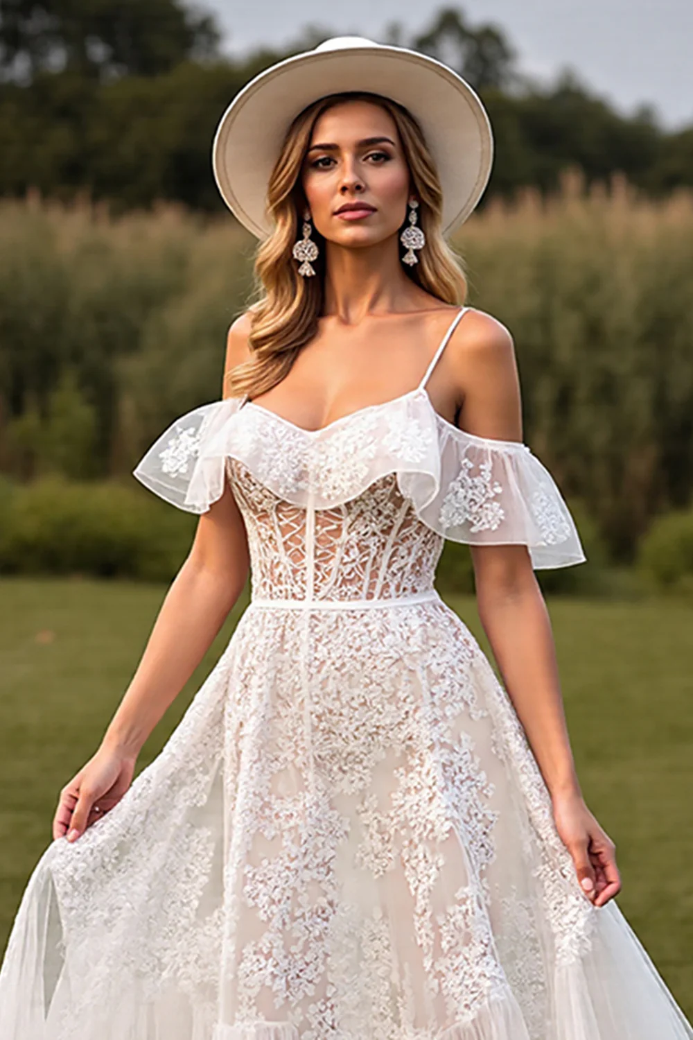 White Lace Corset Boho Sweep Train Western Wedding Dress - JUORTHO