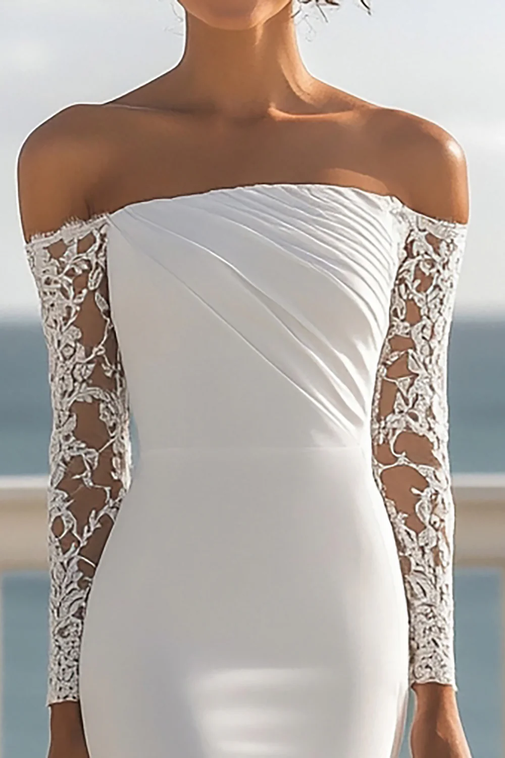 Chiffon Ivory Mermaid Maxi Rehearsal Dinner Dress with Sleeves - JUORTHO