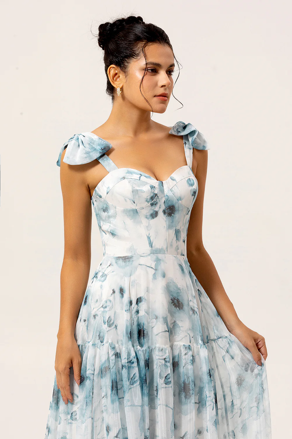 Blue A Line Floral Chiffon Long Bridesmaid Dress - JUORTHO