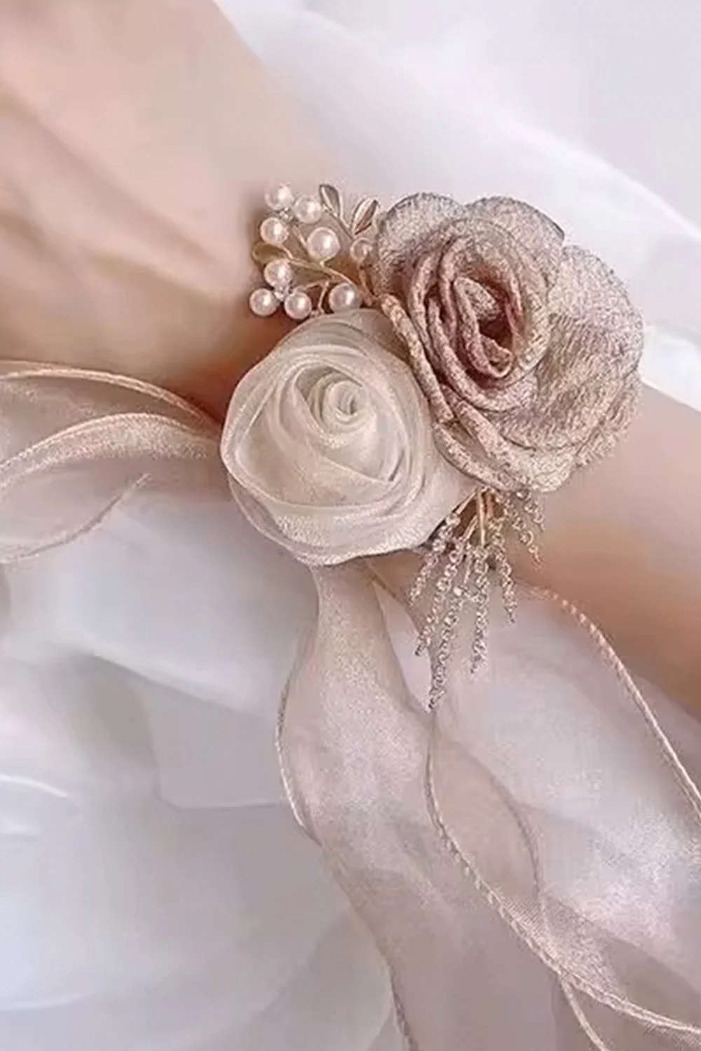 Champagne Pearl Prom Wrist Corsage for Wedding - JUORTHO