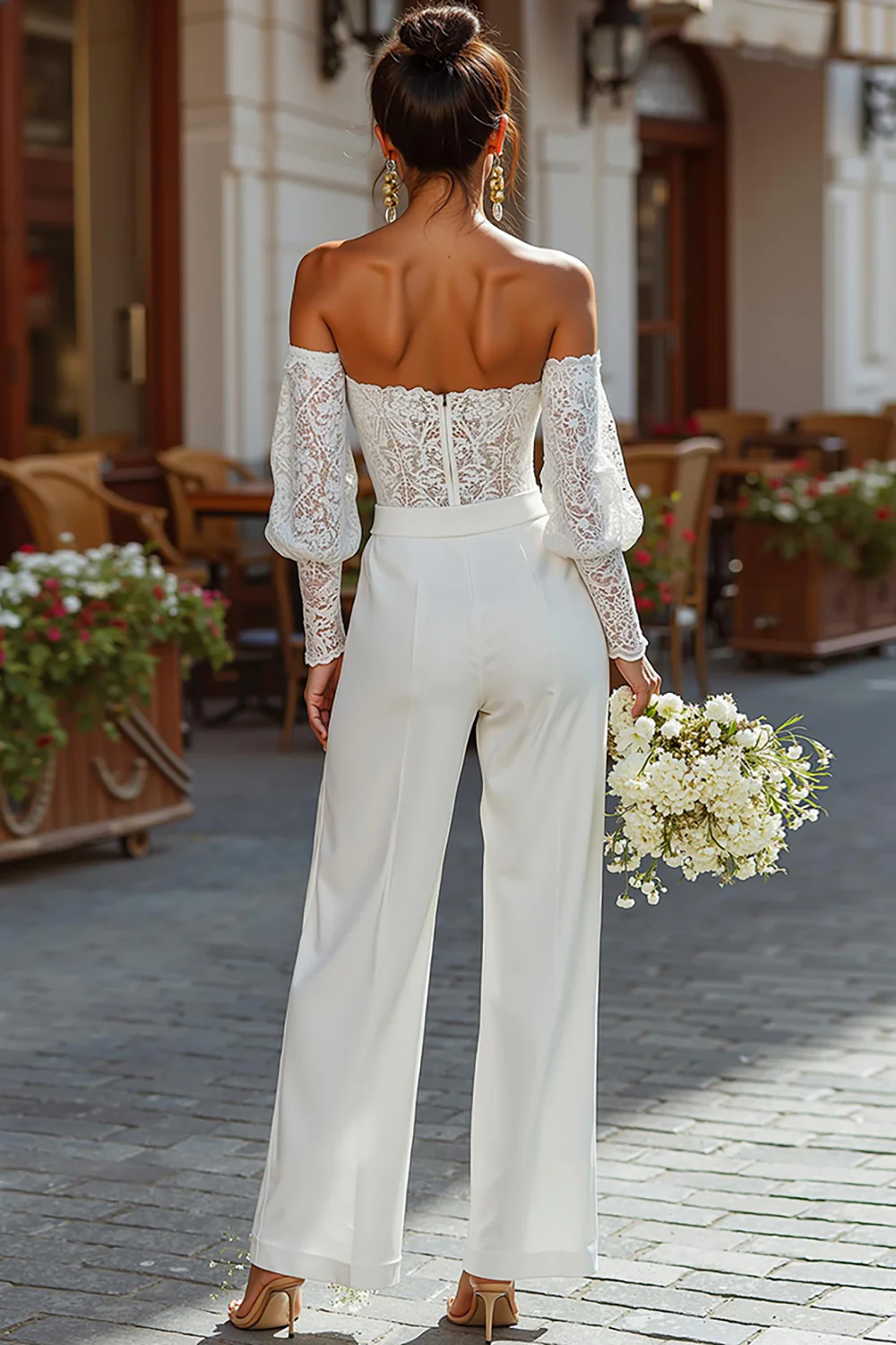 White Strapless Lace Bridal Jumpsuits with Sleeves - JUORTHO