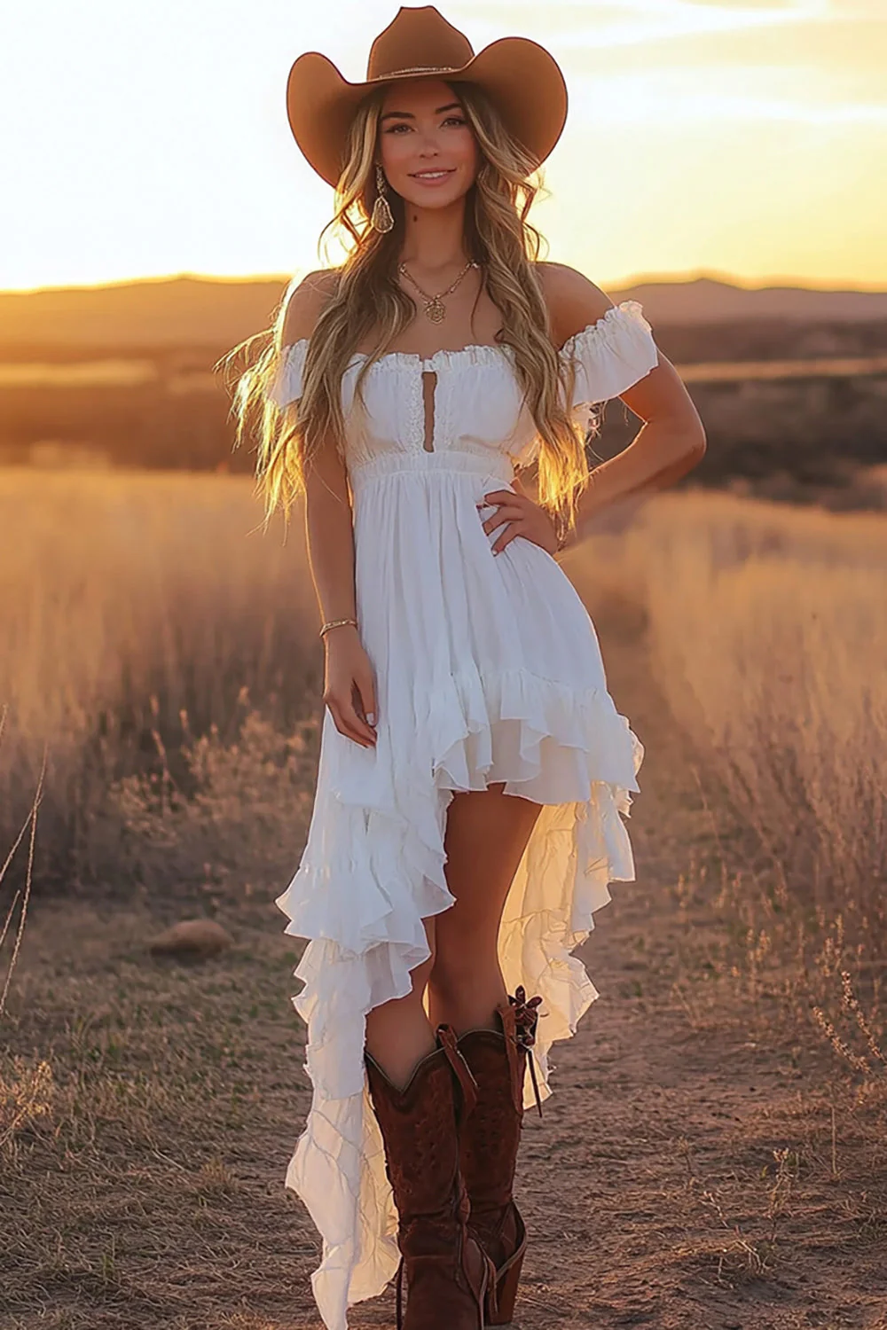 White A Line Off the Shoulder Asymmetrical Western Wedding Dress with Ruffles - JUORTHO