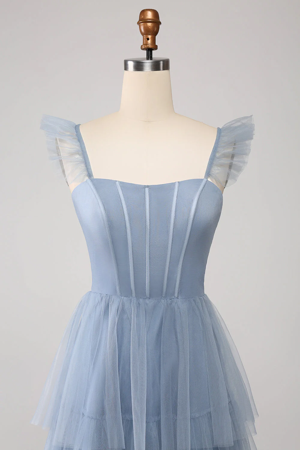 Dusty Blue A Line Tiered Tulle Corset Bridesmaid Dress with Slit - JUORTHO