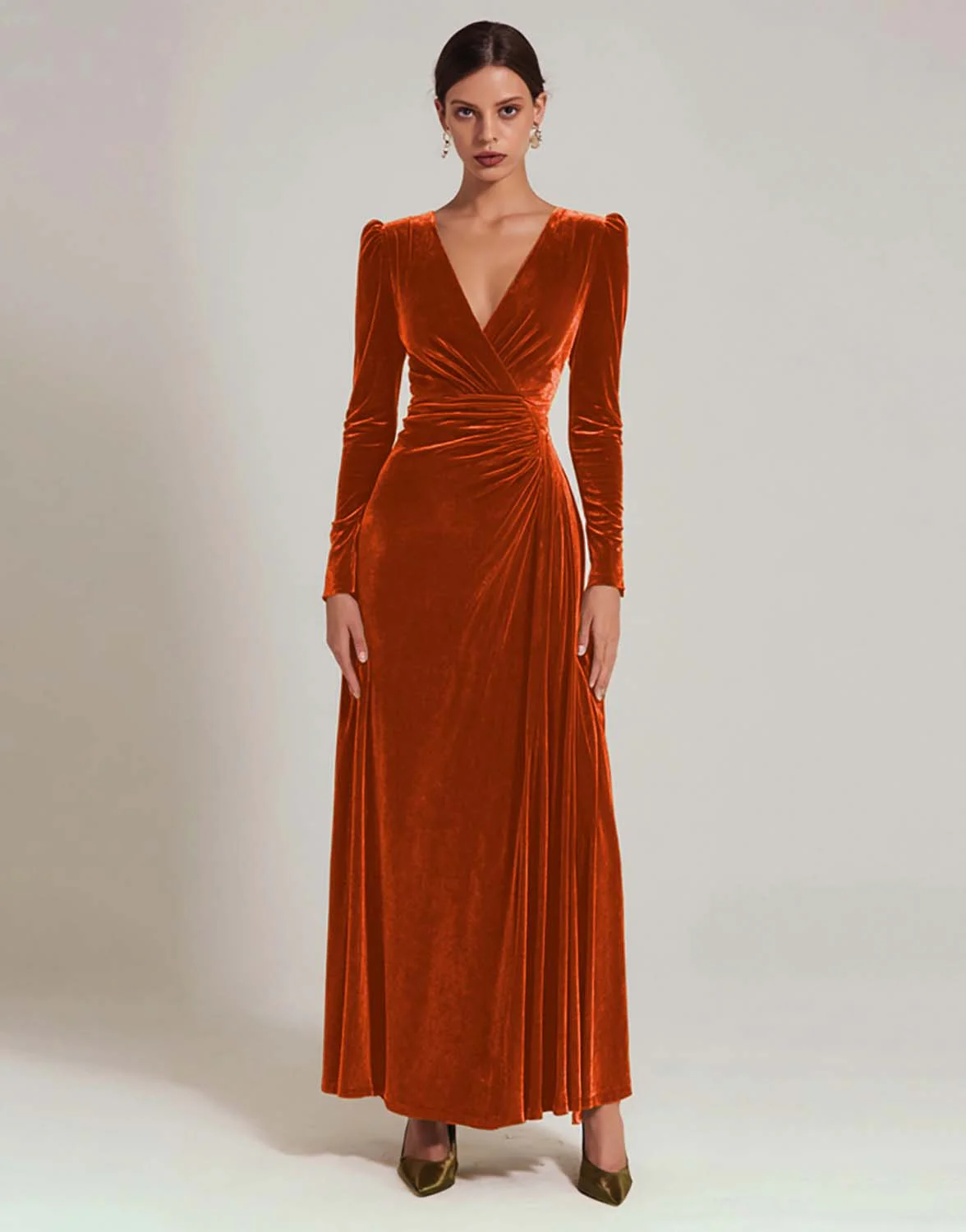 Olive Velvet A Line V-Neck Long Holiday Party Dress with Sleeves - JUORTHO