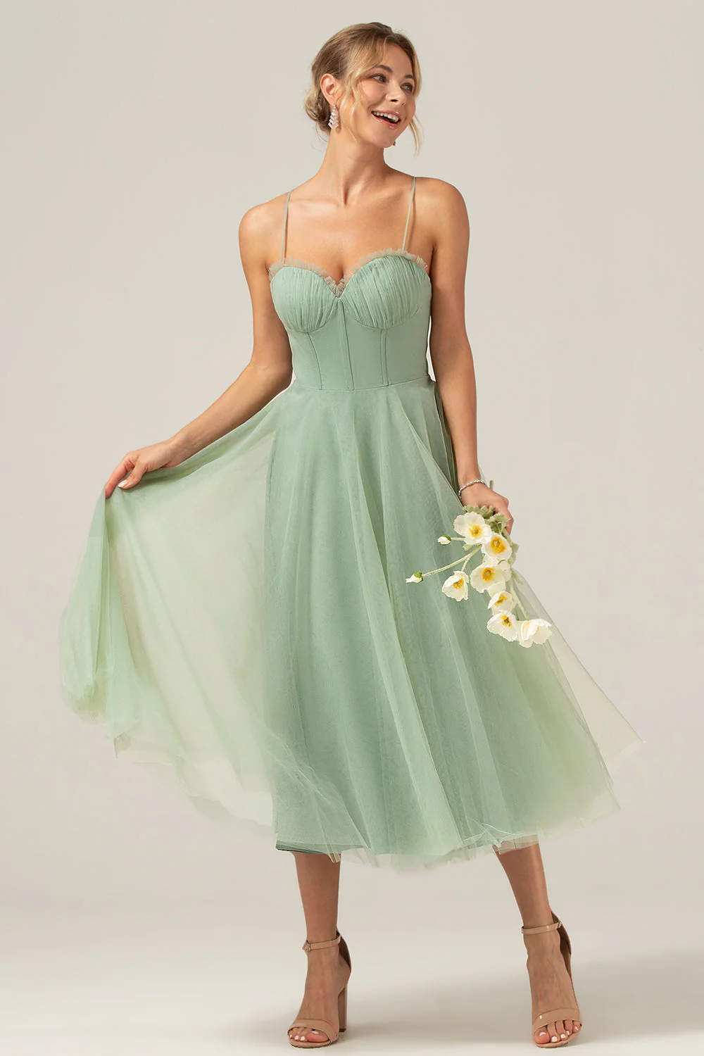 A-Line Tea-Length Corset Tulle Matcha Bridesmaid Dress - JUORTHO