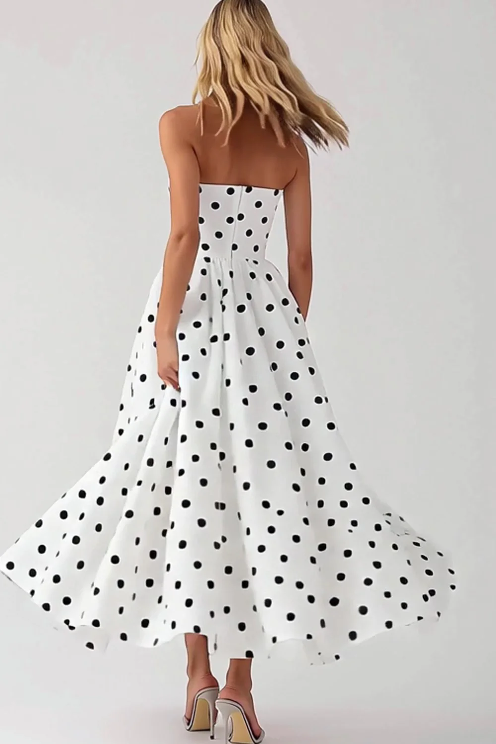 Black and White Satin Strapless Empire Boho Maxi Polka Dot Dress - JUORTHO