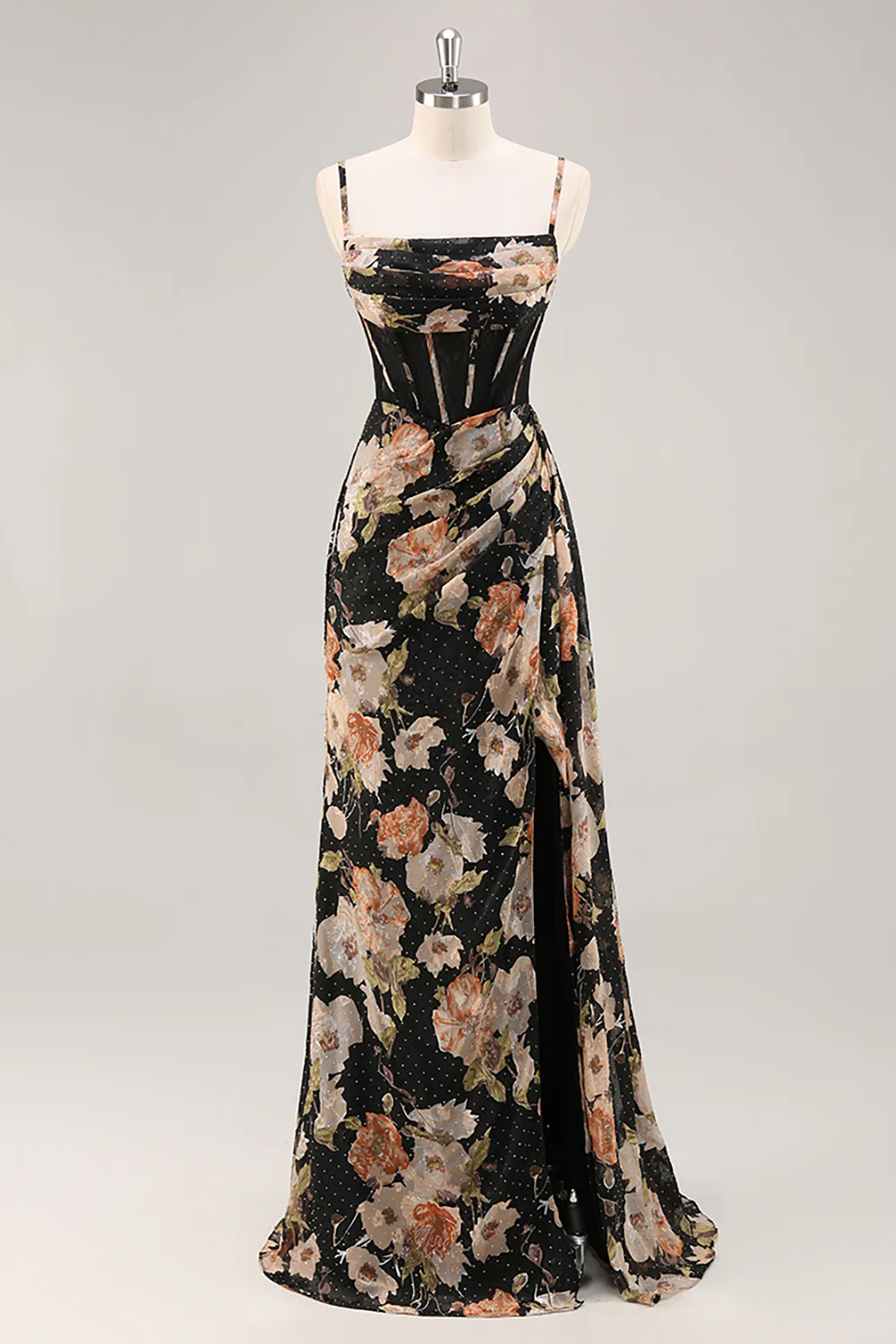 Sparkly Black Floral Corset Beaded Long Bridesmaid Dress with Slit - JUORTHO