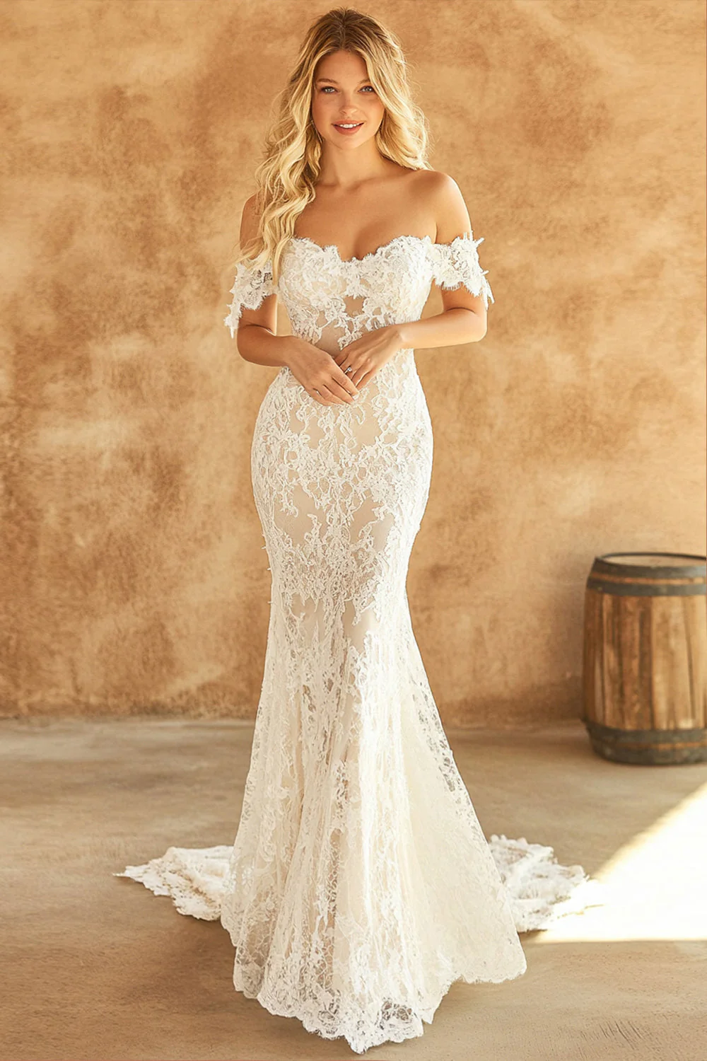 White Mermaid Off the Shoulder Lace Long Wedding Dress - JUORTHO