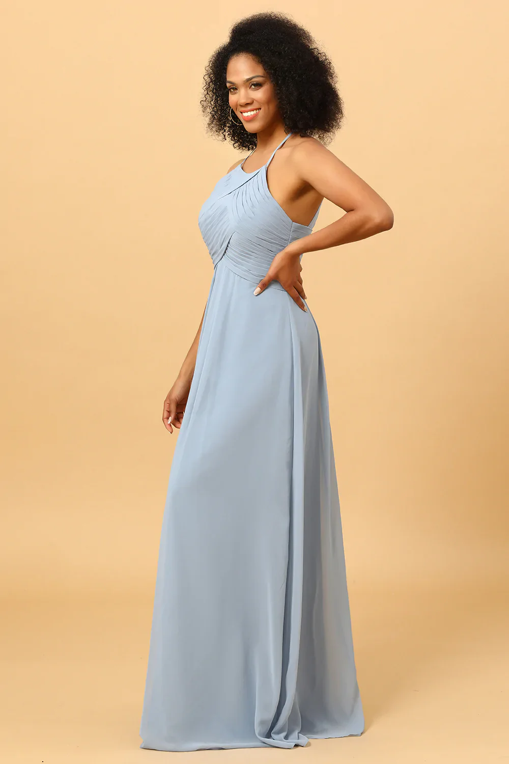 Halter Chiffon Blue Bridesmaid Dress with Ruffles - JUORTHO