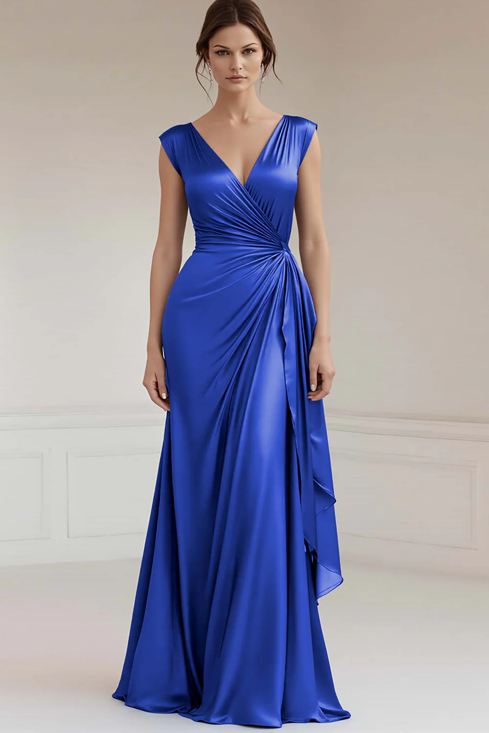 Peacock V-Neck Sheath Ruched Long Formal Dress with Ruffles - JUORTHO