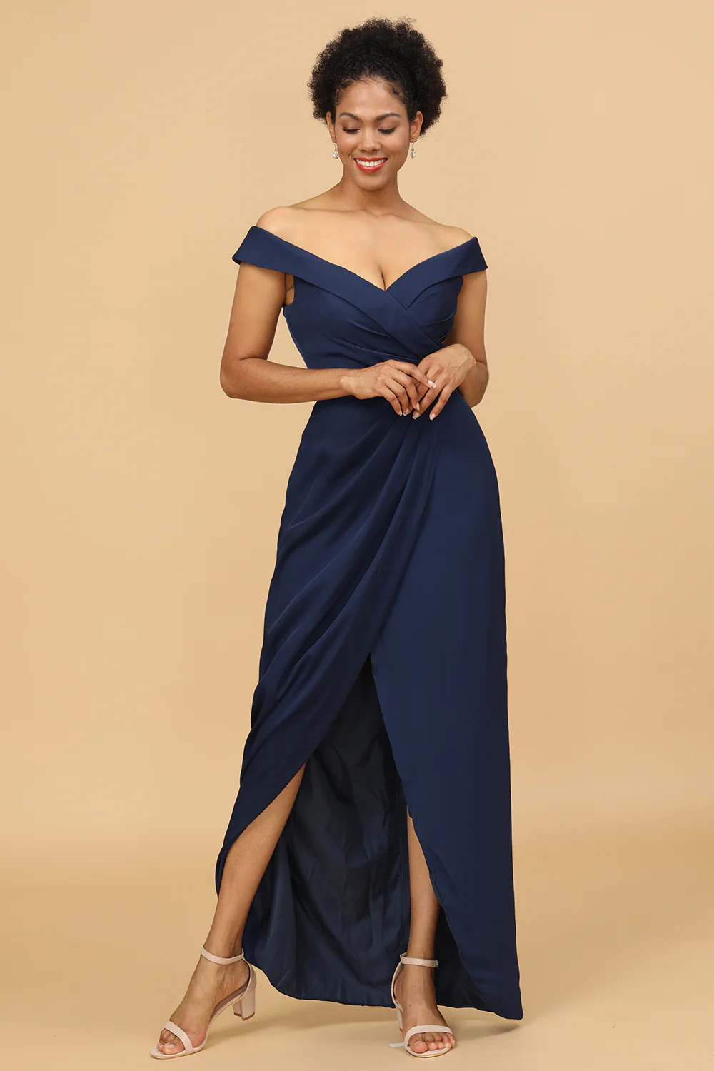 Off-the-Shoulder Navy Asymmetrical Satin Bridesmaid Dress - JUORTHO