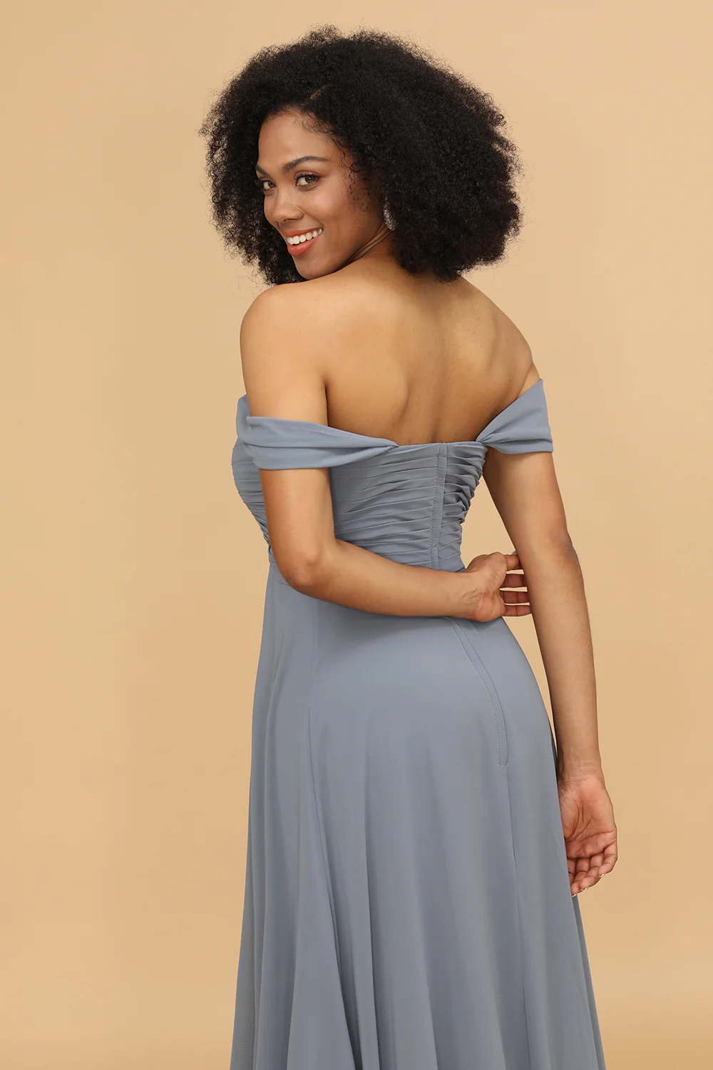 Off The Shoulder Grey Blue Bridesmaid Dress - JUORTHO