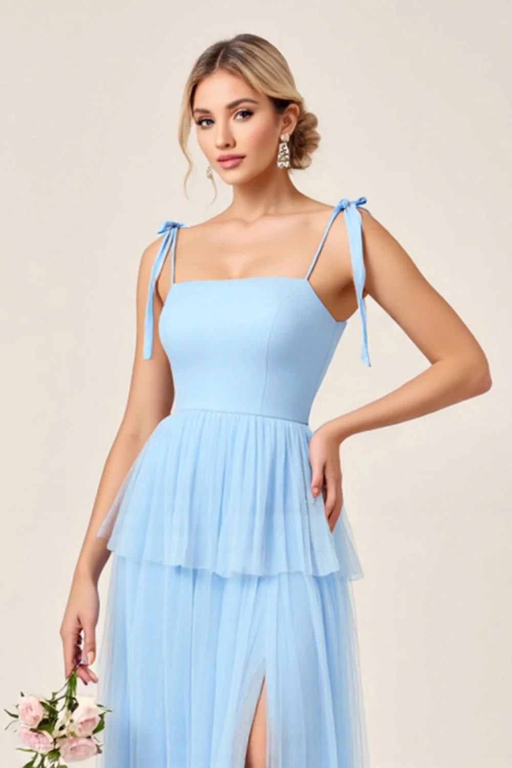 Sky Blue A Line Spaghetti Straps Long Bridesmaid Dress with Slit - JUORTHO