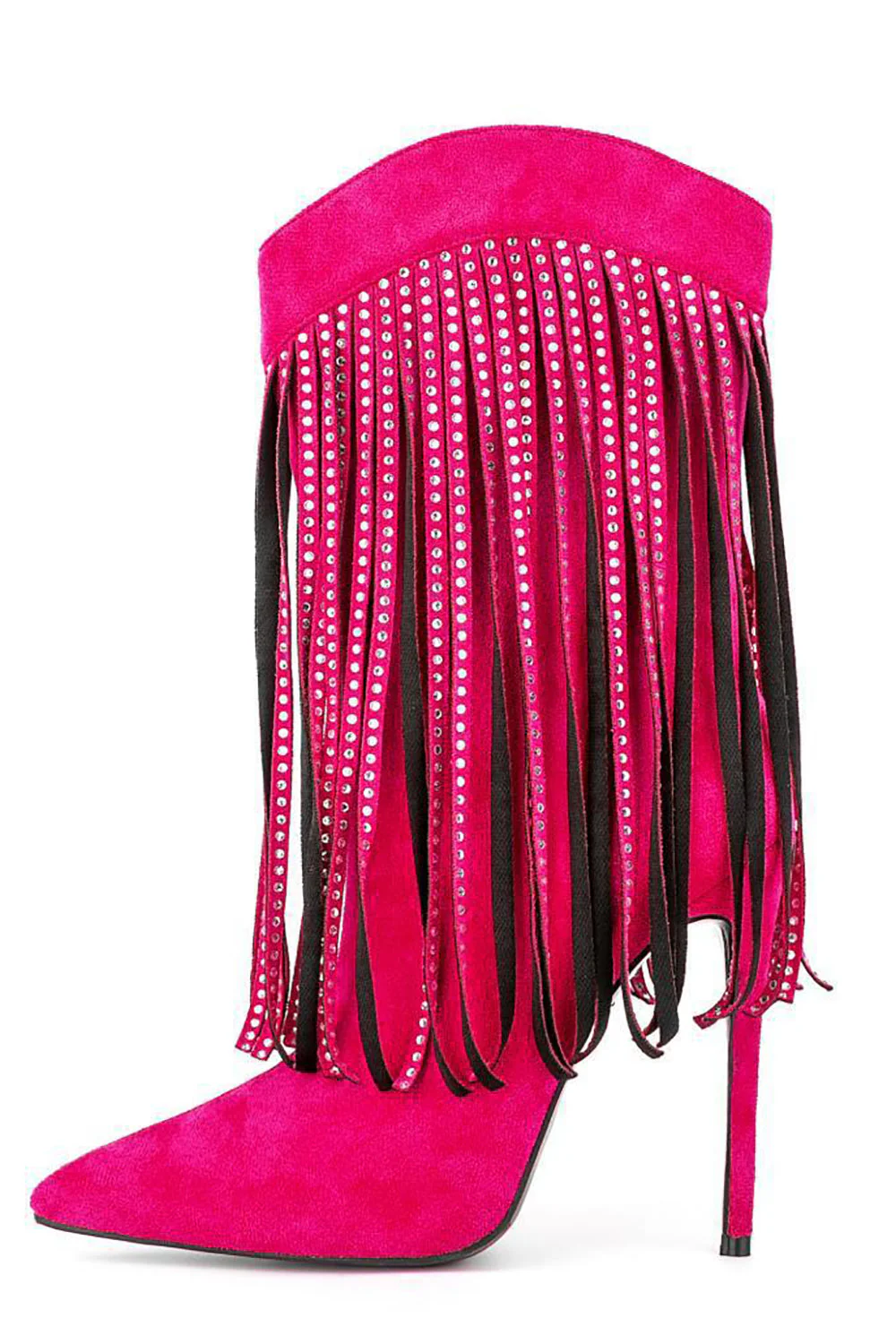 Black Suede Rhinestone Fringed Stiletto Heels Ankle Boots - JUORTHO
