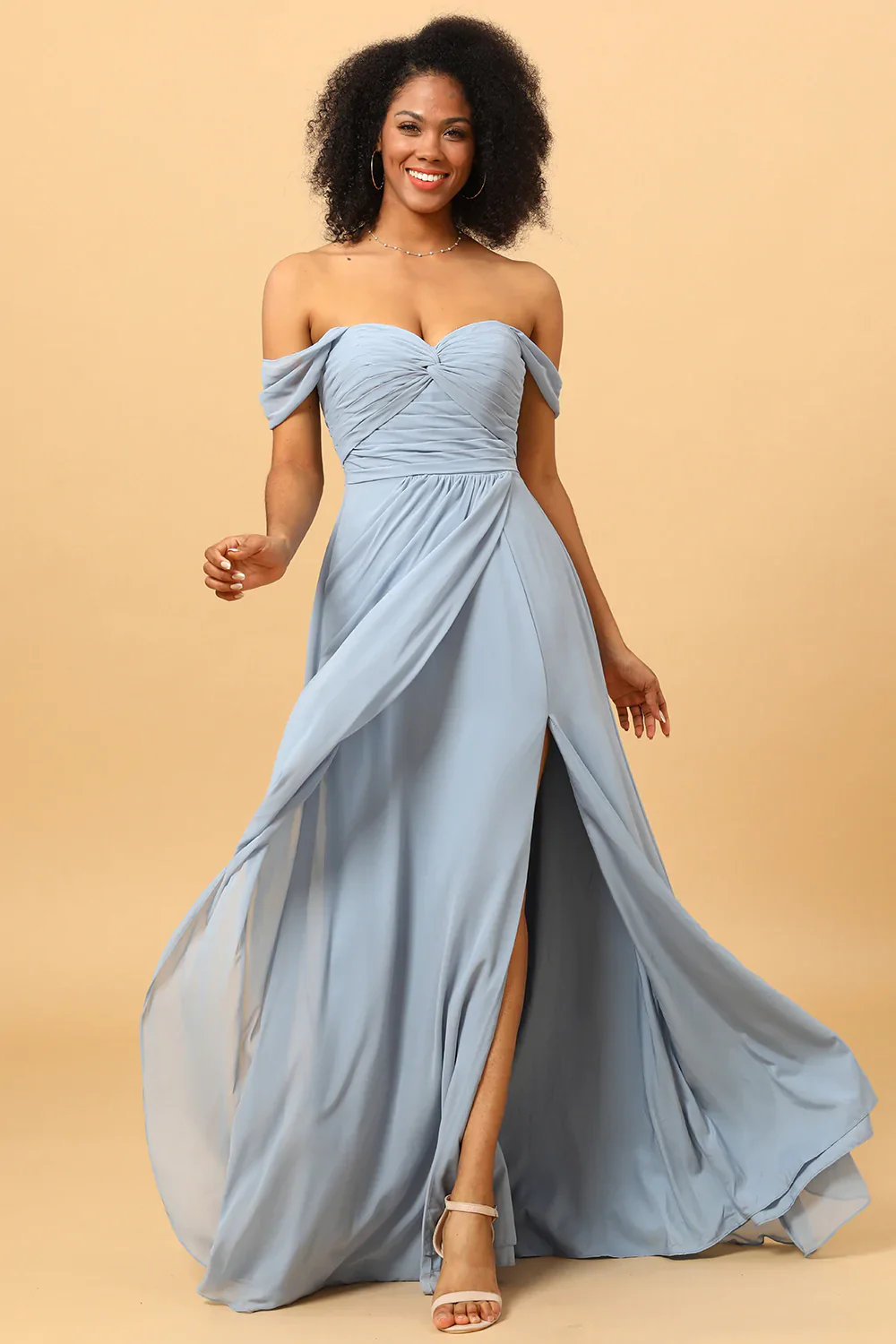 Off Shoulder Chiffon Blue Bridesmaid Dress with Slit - JUORTHO