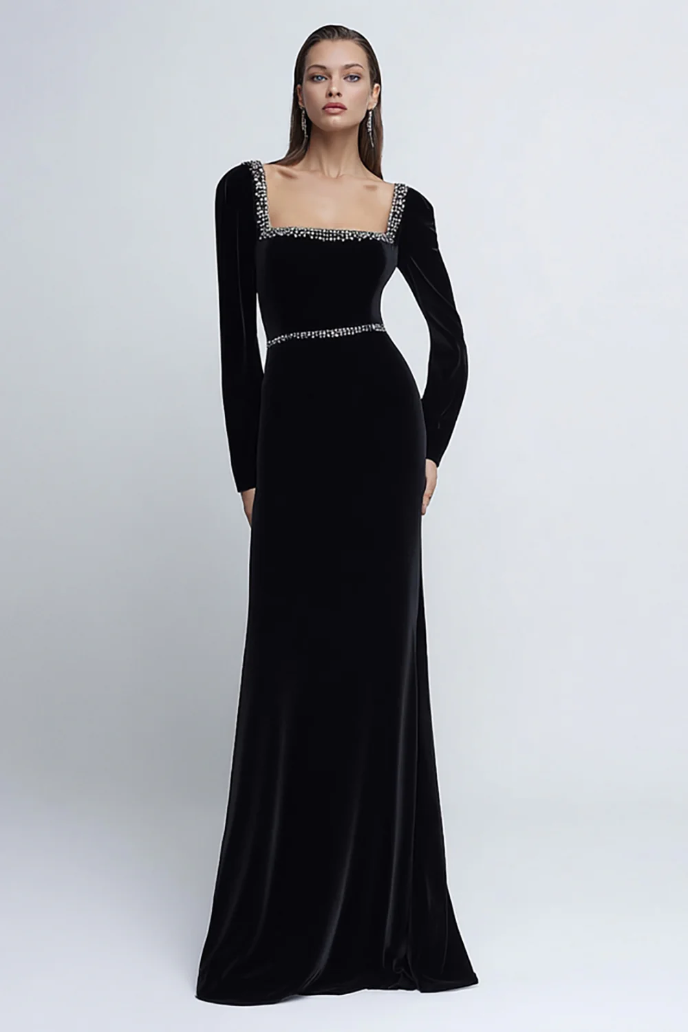 Sparkly Black Velvet Long Sleeves Holiday Party Dress with Beading - JUORTHO
