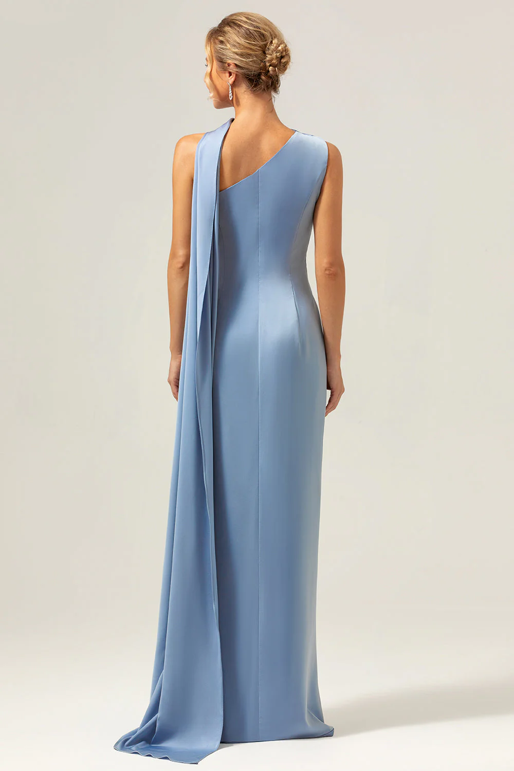 Blue Sheath One Shoulder Satin Long Bridesmaid Dress - JUORTHO