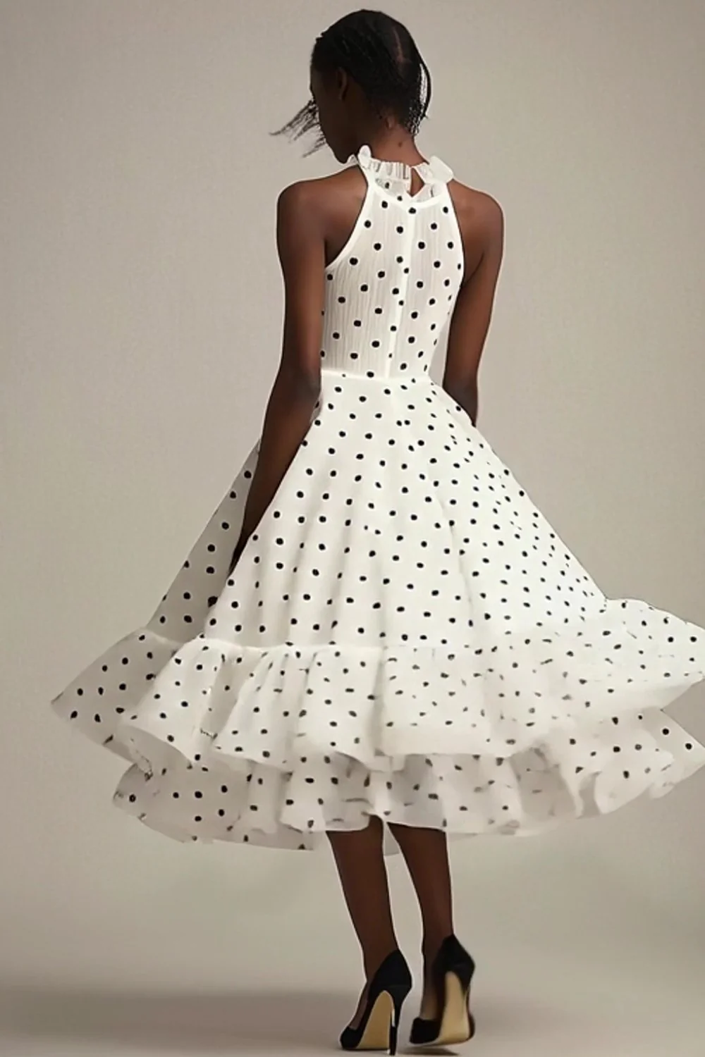 Tulle White and Black High Neck Tiered Maxi Polka Dot Dress with Ruffles - JUORTHO