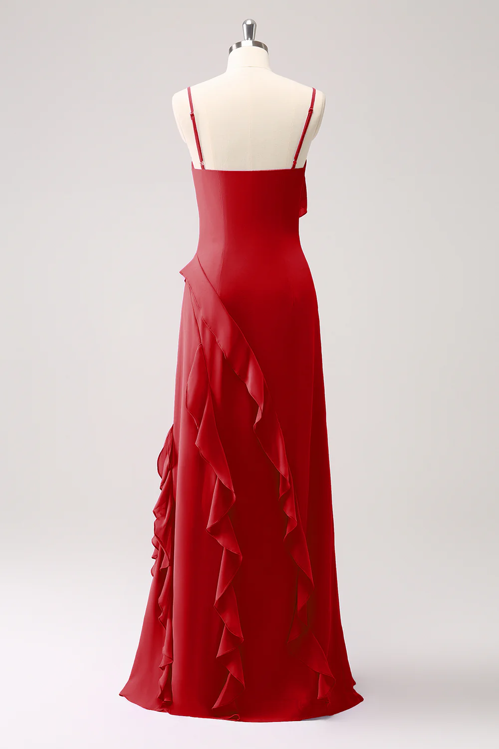 Tahiti Ruffle Spaghetti Straps Chiffon Long Bridesmaid Dress with Slit - JUORTHO