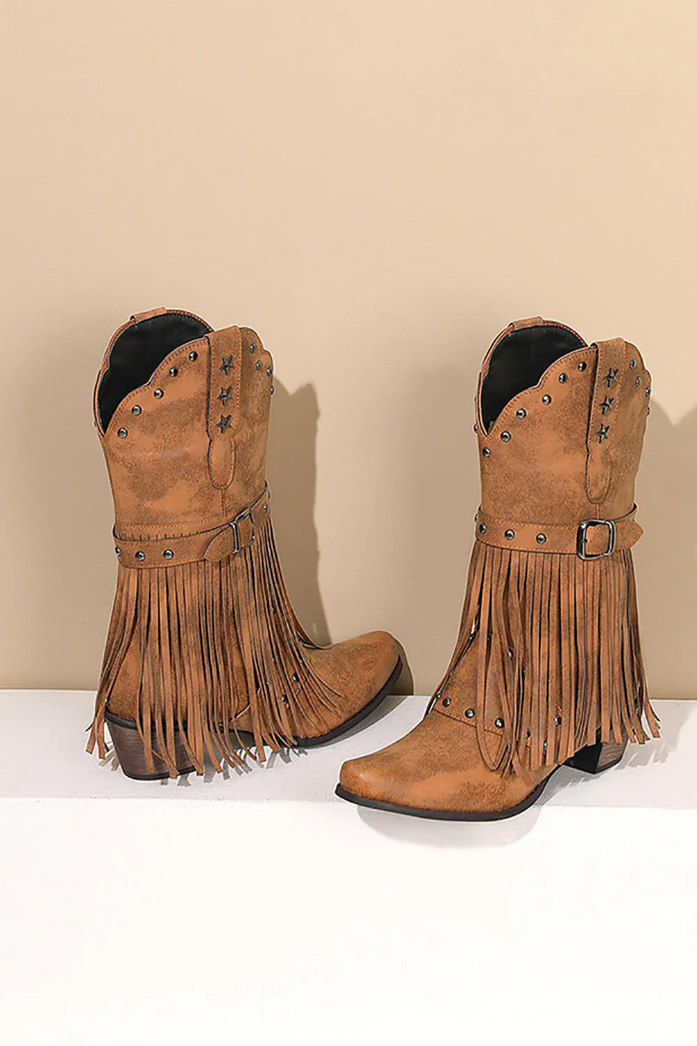 Retro Black Fringe Belt Buckle Chunky Low Heel Cowgirl Boots - JUORTHO