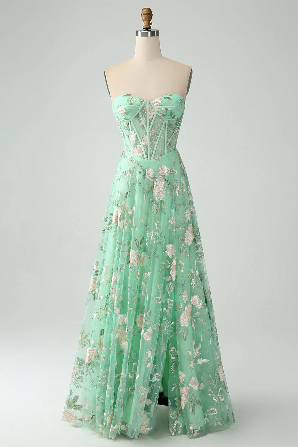 A-Line Light Green Corset Prom Dress with Embroidery - JUORTHO