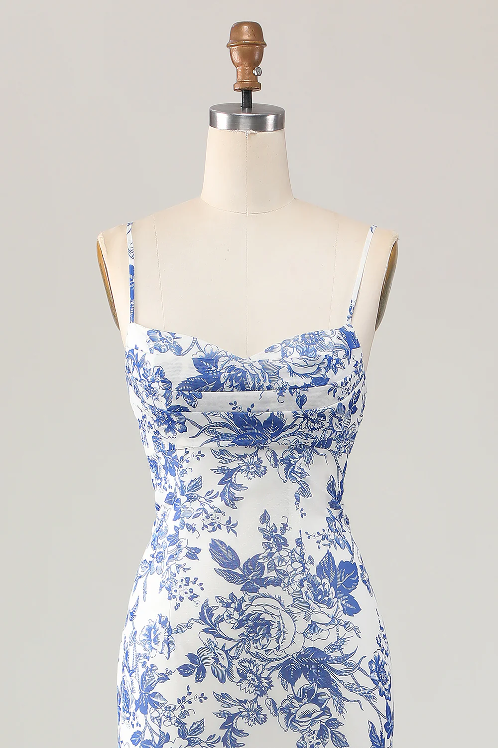 White and Blue Floral Ruched Sheath Long Wedding Guest Dress - JUORTHO