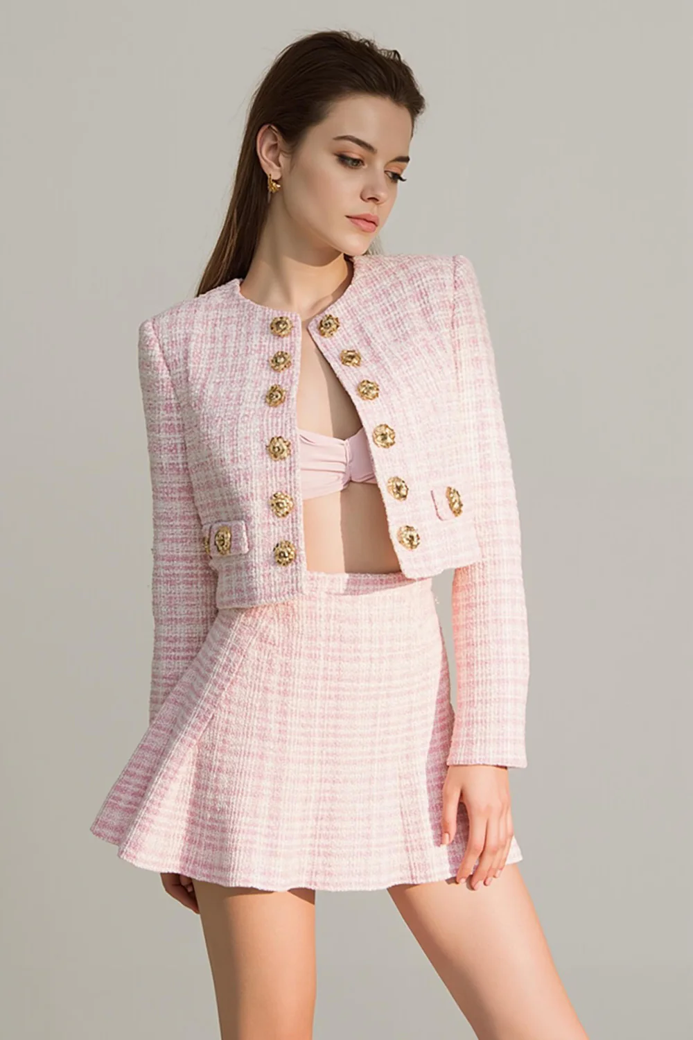 Pink Plaid Tweed 2 Piece Homecoming Outfits with Buttons - JUORTHO