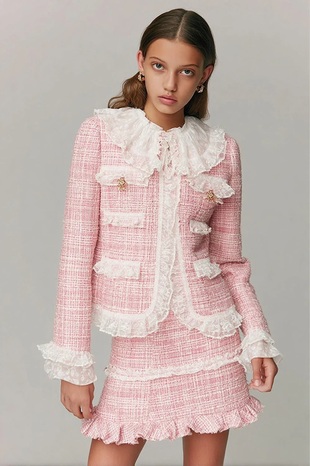 Pink Ruffled 2 Piece Tweed Blazer Short Homecoming Outfits with Lace - JUORTHO