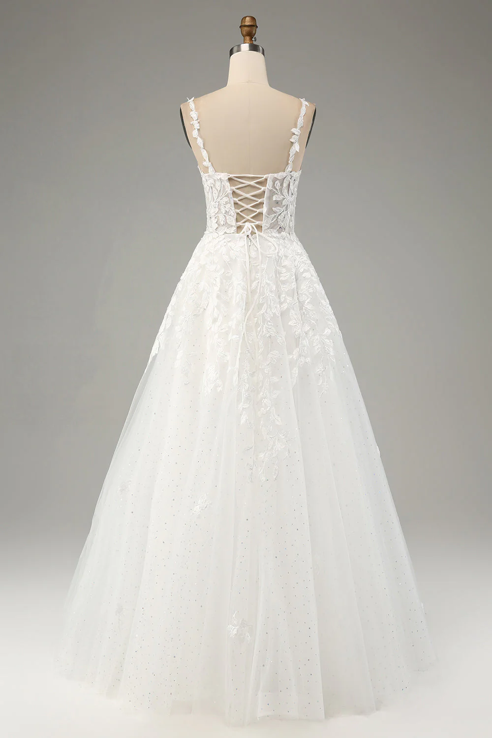 Ivory A-Line Tulle Spaghetti Straps Wedding Dress with Appliques - JUORTHO