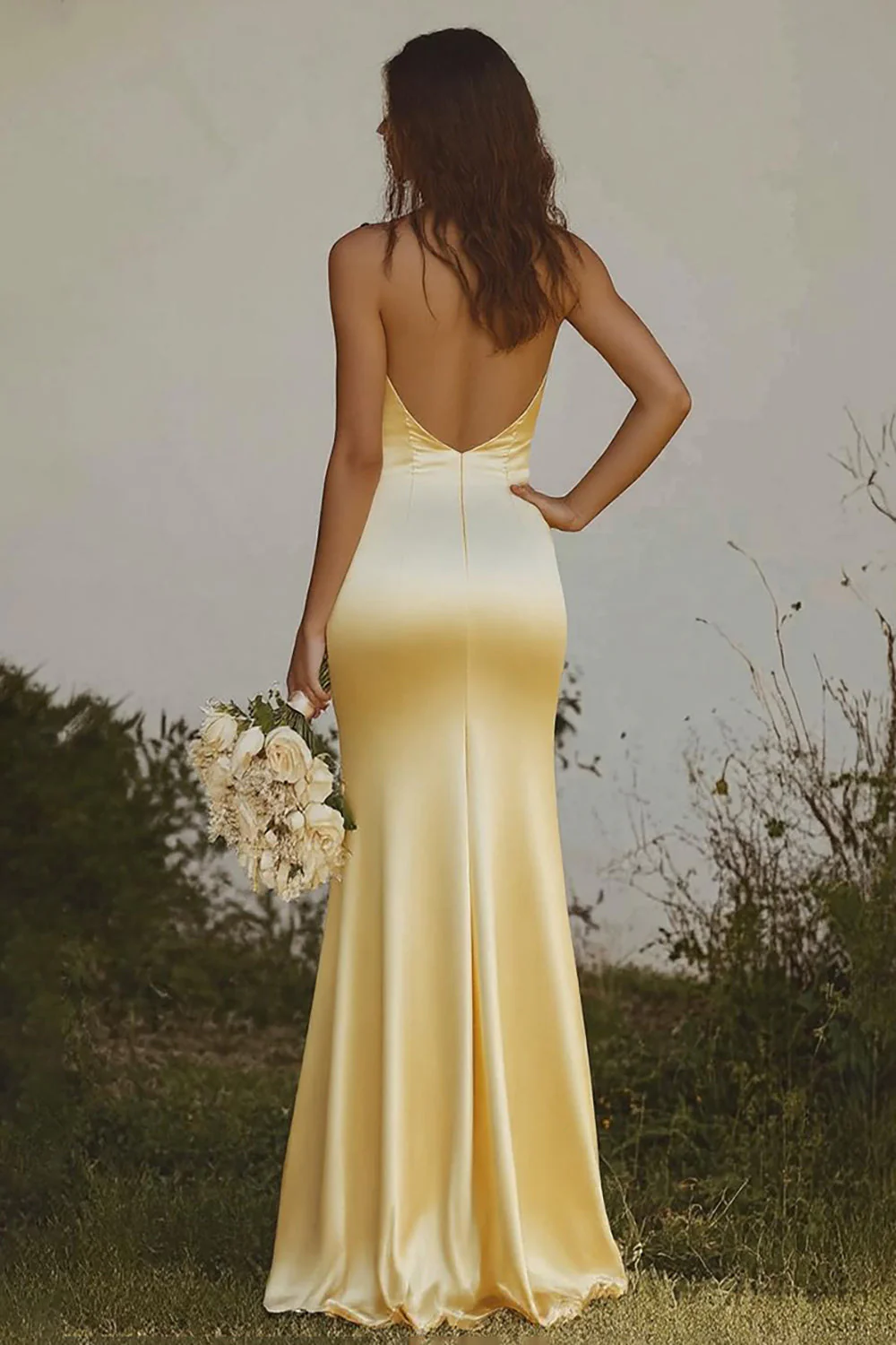 Mermaid Light Yellow Halter Long Satin Bridesmaid Dress - JUORTHO
