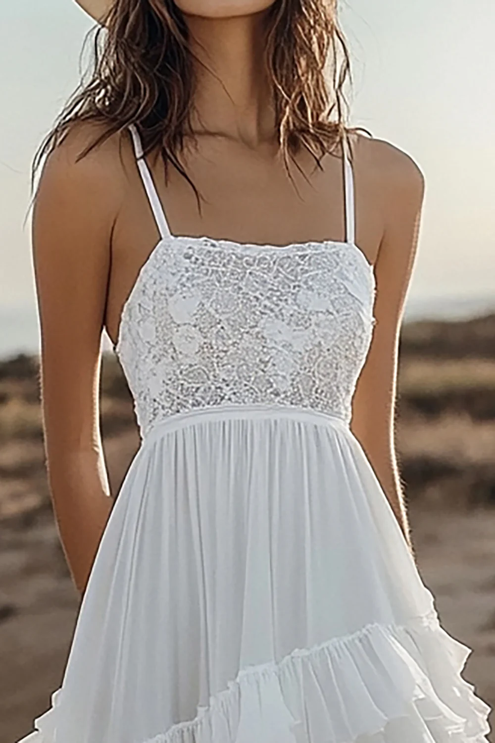 Chiffon Ivory Tiered High-Low Boho Western Wedding Dress with Lace - JUORTHO