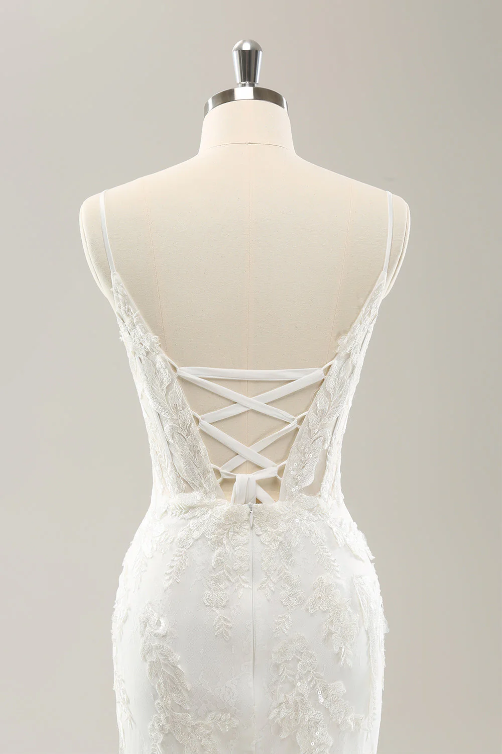 White Mermaid Spaghetti Straps Applique Lace Corset Wedding Dress with Lace-up Back - JUORTHO