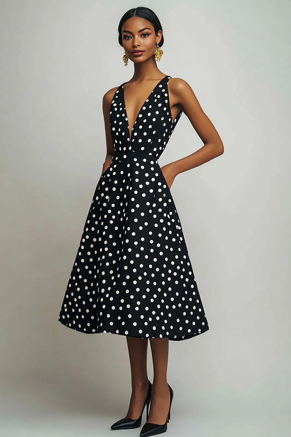 Satin Black and White A Line Boho Midi Polka Dot Dress - JUORTHO