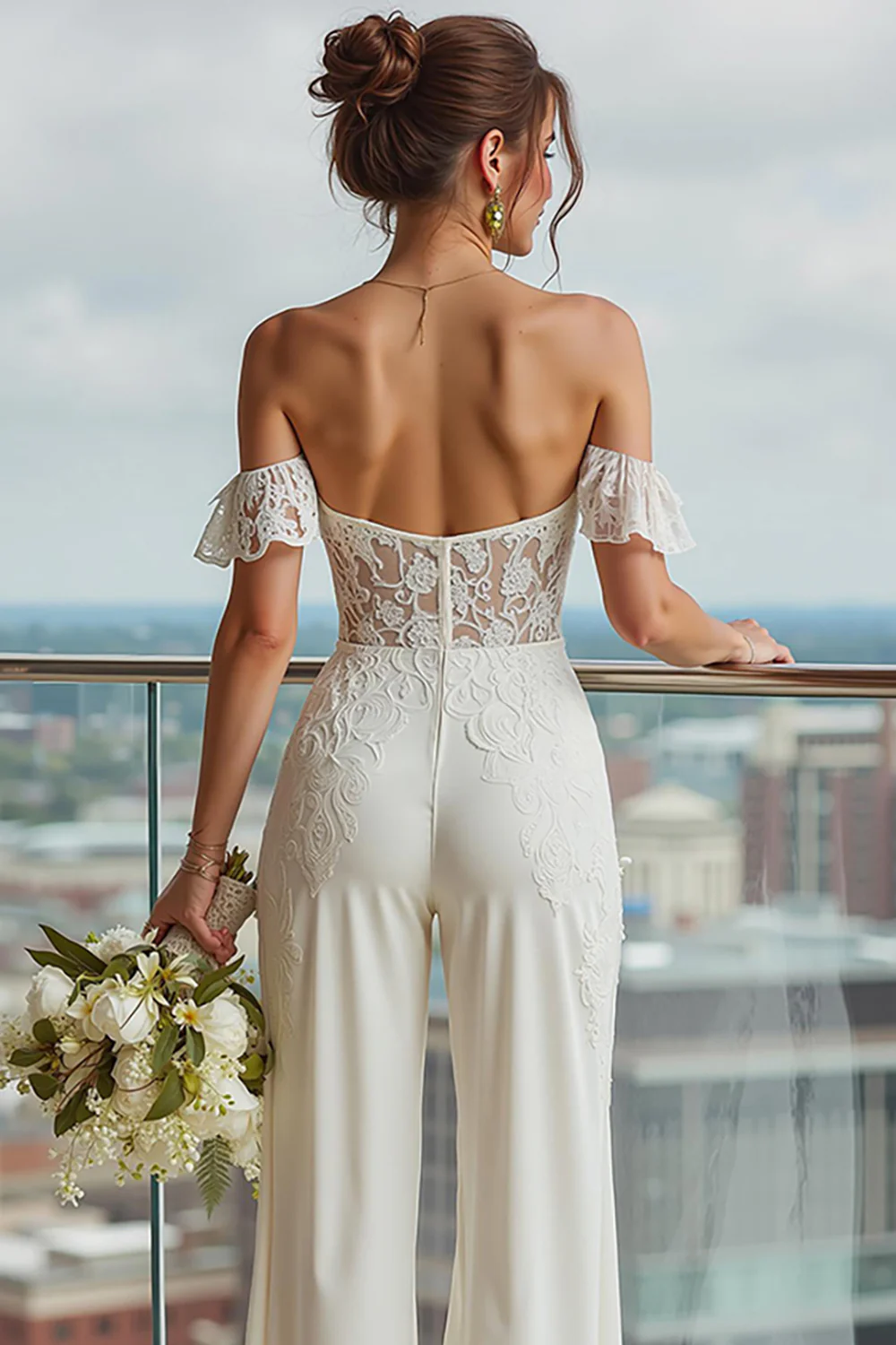 Ivory Off the Shoulder Backless Bridal Jumpsuits with Lace - JUORTHO