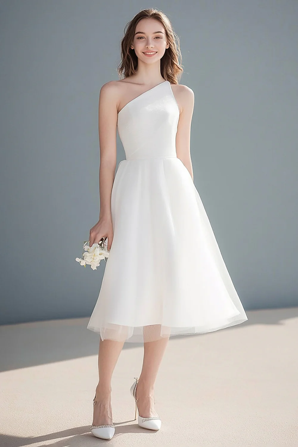 Simple Ivory A Line One Shoulder Midi Tulle Wedding Reception Dress - JUORTHO