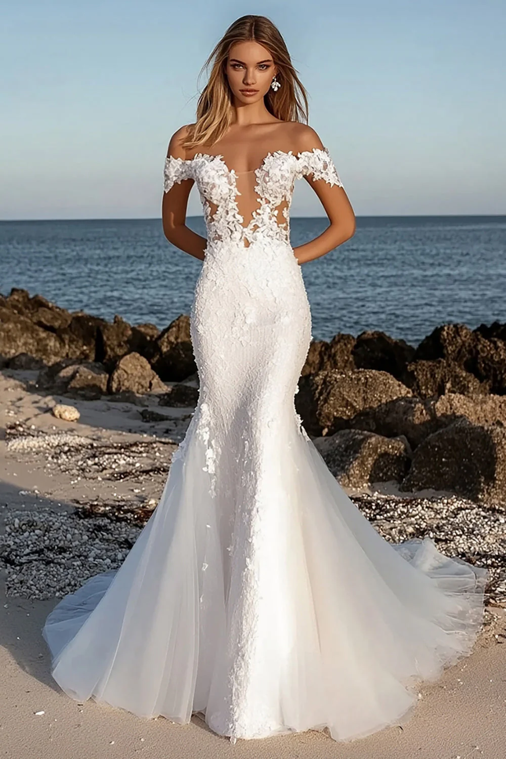Elegant Ivory Off the Shoulder Mermaid Tulle Long Wedding Dress with Lace Applique - JUORTHO