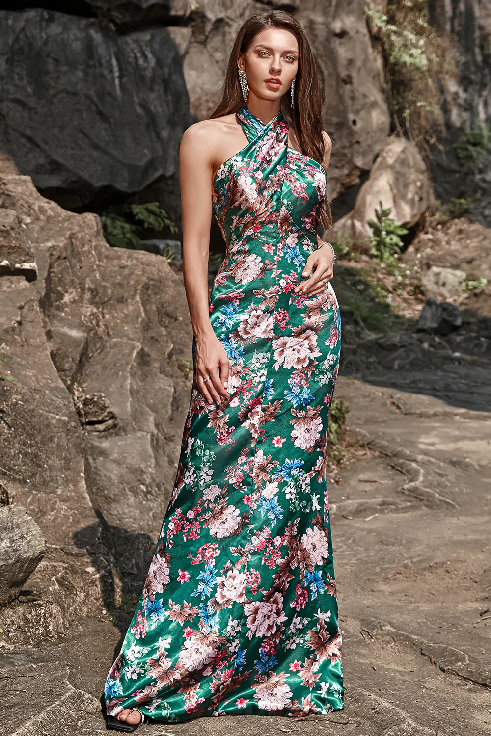 Flower Print Halter Satin Prom Dress - JUORTHO